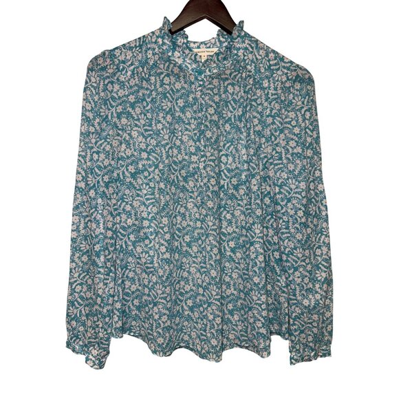 Rebecca Taylor Women's Blouse Blue Floral 1/4 Button Ruffle Neck Size 8 Office - Picture 1 of 7